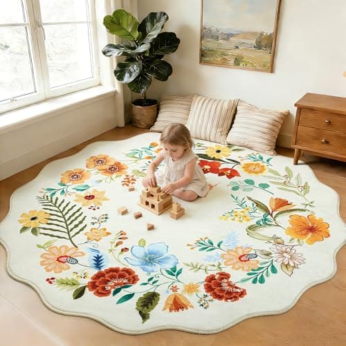 Carvapet 6ft Round Scalloped Rug, Washable Floral Botanical Low Pile Area Rugs for Living Room Bedroom Nursery, Non Slip Soft Stain Resistant, Beige Indoor Circular Carpet - Image 1