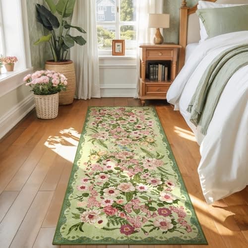 AREAMAY Floral Runner Rug 2x6 - Washable Vintage Bedroom Runner Rug Low Pile Non-Slip Carpet for Entryway Hallway, Laundry, Bathroom, Kitchen - Soft, Stain Resistant Indoor Area Rug - Green - Image 1