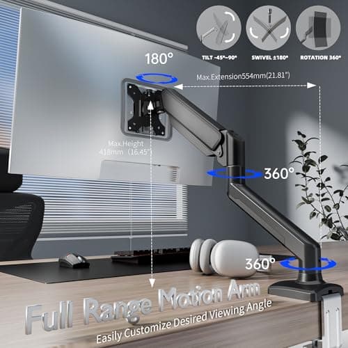 Single Monitor Arm Desk Mount，Gas Spring Monitors Arm for 17-32 inch Screens,Adjustable Computer Monitors Stand up to 4.4 to 19.8 lbs,Vesa Mount with Clamp and Grommet Base, VESA 75 & 100mm - Thumbnail 6