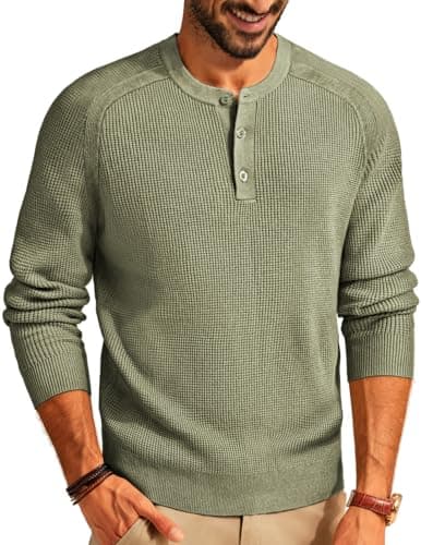PJ PAUL JONES Waffle Henley Pullover for Men Regular Fit Warm Fall Sweaters for Holiday Party Light Green - Image 1