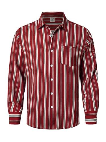 Hardaddy Men's Classic Color Contrast Striped Shirt Long Sleeve Casual Button Down Shirts Blouse Wine Red L - Image 1