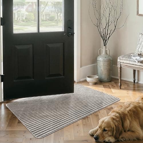 MatEssenz Washable Indoor Front Door Mat 2x3 ft, Neutral Striped Woven Entryway Rug, Non-Slip Low Profile Mudroom Mat, Pet Friendly Dirt Trapper, Grey - Image 1
