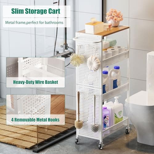 KITREPAION 4-Tier Slim Storage Cart with Wheels,Small Mobile Organizer Shelf with Wooden Top & Metal Handle for Kitchen, Laundry Room, Bathroom, Office (White, 9.1 inch) - Thumbnail 6