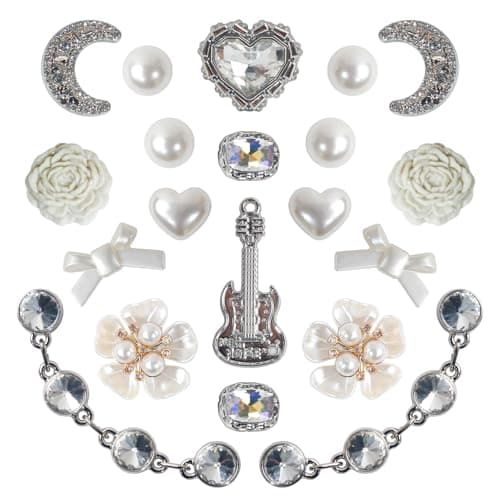 Wenobby 20 Pcs Bling Shoe Decoration Charms for Women Girls, Silver Rhinestone Pearl Gem Bow Heart Flower Guitar Moon Decoration with 2 Diamond Chains Luxury Accessories for Clog Sandals Party Gift - Image 1