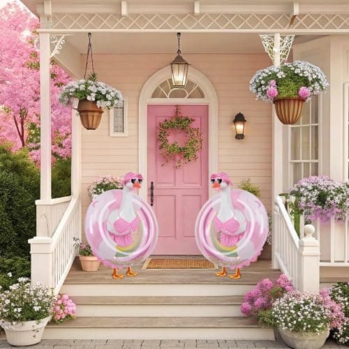 yuboo Spring Porch Goose Outfit Bikini Goose Outfits, Pink Easter Geese Outfits Clothes Costume with Sunglasses Swim Ring for 23in Porch Goose Outdoor Statues - Thumbnail 3