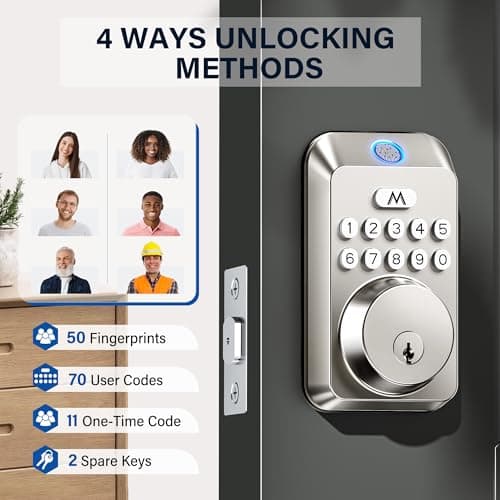 Fingerprint Door Lock - Keyless Entry Door Lock, Electronic Keypad Deadbolt, Smart Locks for Front Door - Auto Locking, Biometric,One-time Codes,Easy to Install (Satin Nickel) - Thumbnail 4