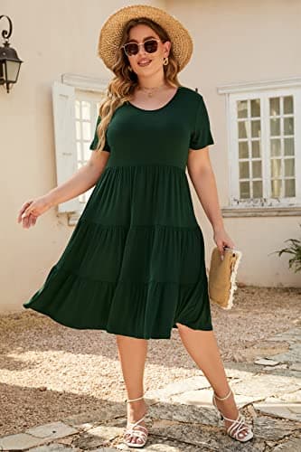 Younrui Plus Size Wedding Guest Dresses for Women Short Sleeve Scoop Neck Tiered Loose Fit Summer Casual Midi Dress (4XL-1001-Dark Green) - Thumbnail 5