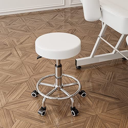 Icoget 360 Swivel Round Rolling Stool Chair, Height Adjustable Salon Shop Stool, Drafting Work SPA Medical Stools Office Chair with Wheels, White - Thumbnail 2