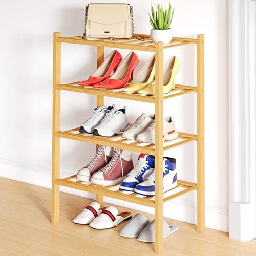Smiry Shoe Rack, 4 Tier Small Bamboo Shoe Organizer, Stackable Free Standing Wooden Shoe Storage Shelf for Closet, Entryway, Front Door Entrance, Natural