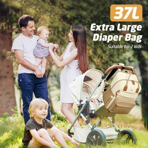 Tonyeee Diaper Bag Backpack - Extra Large Diaper Bag for 2 Kids Twin, Travel Baby Bags for Mom Dad 25-37L Expandable with Changing Pad Earphone Hole, Apricot Beige - Thumbnail 3