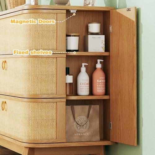 HUAHUU 6 Drawer Rattan Dresser for Bedroom, 43'' Fluted Modern Wooden Dresser with Metal Handles&Wood Legs, Curved Profile Design, Boho Chest of Drawers for Bedroom, Living Room, Natural - Thumbnail 5