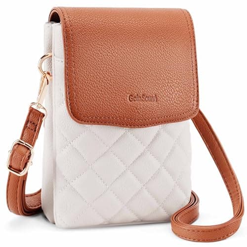 Goinsound RFID Small Crossbody Purses for Women Quilted Cell Phone Purse with RFID Blocking Credit Card Slots White&Brown - Image 1