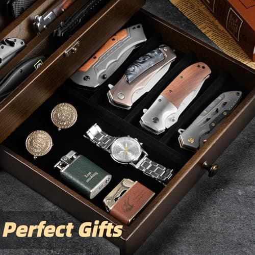 Knife Display Case Knife Collection Display Holder with Glass Lid, 2-Layer Wooden Pocket Knife Case with Drawers - Thumbnail 3