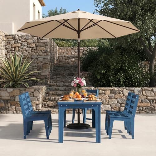 ACUEL HDPE Patio Dining Set for 6, Weather-Resistant Outdoor Table with Umbrella Hole, Never Sagging One-Piece Tabletop with Metal Support Bars for Poolside Backyard Garden (Blue) - Thumbnail 4