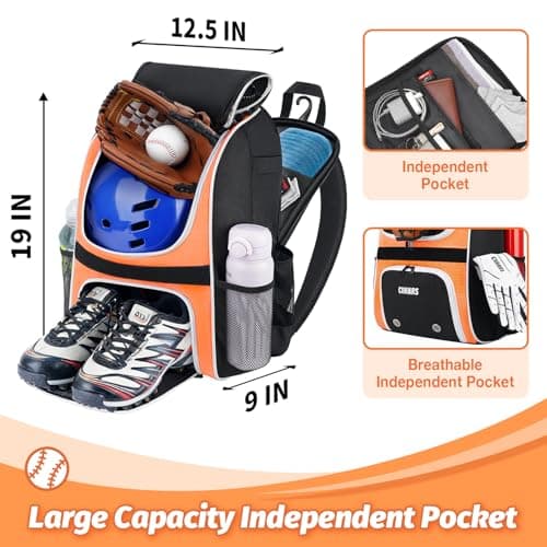 Ciihars Youth Baseball Bag - Baseball Backpack Bat & Glove Holder, T-Ball & Softball Equipment & Gear,Large Main Compartment for Helmet & accessories, Fence Hook，Insulation Pocket (orange) - Thumbnail 3