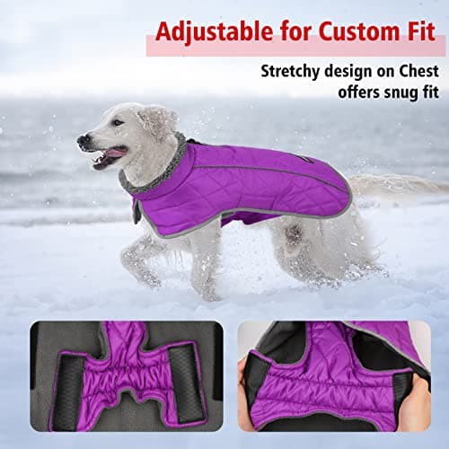 Fragralley Dog Coat Large, Waterproof Dog Jacket with Warm Fleece Lining, Adjustable Reflective Dogs Winter Coat, Turtleneck Pet Coats for Cold Weather (Purple L) - Thumbnail 5