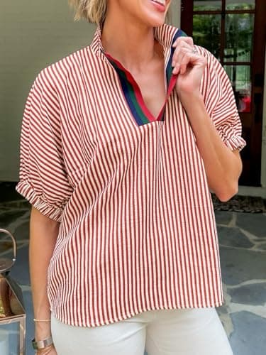 BKBEY Womens Striped Contrast Neck Shirts Elbow Puff Sleeve Dolman Blouse Top Red - Thumbnail 5