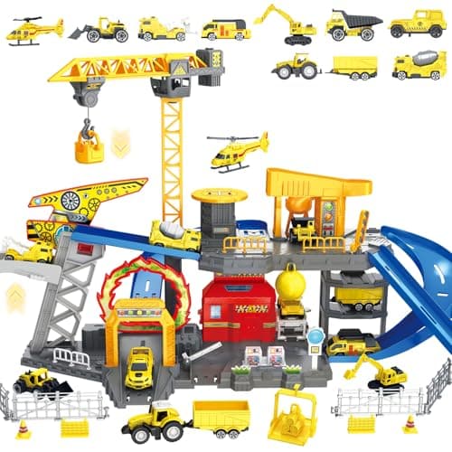 Frontoytall Construction Vehicles Track Set with Excavator, Dump Truck, Cement Truck, Wheel Loader & Rotating Crane, Interactive STEM Building Toy for Kids Ages 3-12