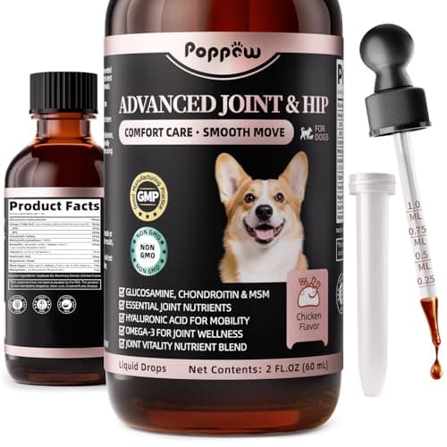 POPPAW Joint Supplement for Dogs - 10 in 1 Hip and Joint Supplement Drops with Hyaluronic Acid, Liquid Glucosamine for Dogs with Chondroitin, MSM & Omega 3-2 FL.Oz - for All Breeds & Sizes
