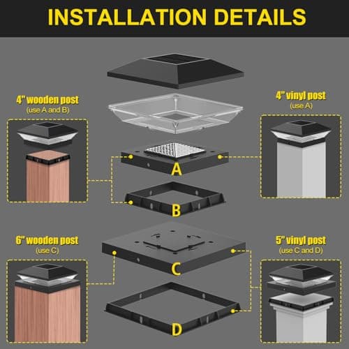 T-SUN Solar Post Cap Lights Outdoor 6 Pack, 2 Modes LED Fence Post Solar Lights Fit for 4x4 5x5 6x6 Vinyl/Wooden Posts, Waterproof Deck Post Lights Solar Powered for Garden Patio Gate Porch - Thumbnail 2
