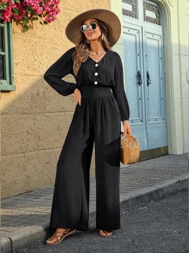 LOOKBOHO Long Sleeve Fall Jumpsuits for Women 2026 Dressy Casual One Piece Wide Leg Romper V Neck High Waist With Pockets Black Large - Thumbnail 2