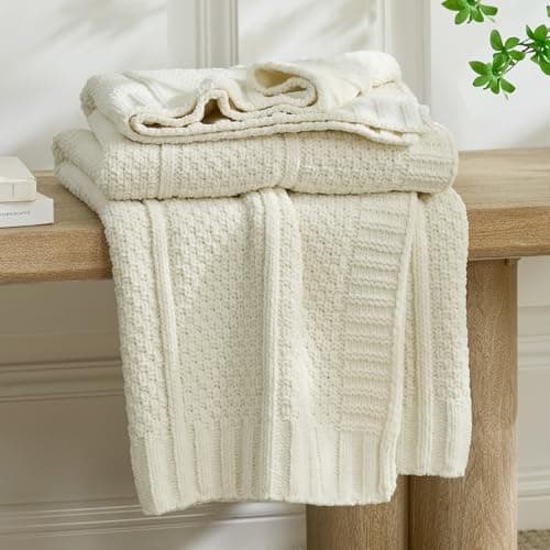 Amélie Home Premium Chenille Throw Blanket, Soft Cozy Moss Stitch Knit Blanket for Couch, Sofa, Chair, Home Decor, Ivory 50"x60" - Image 1