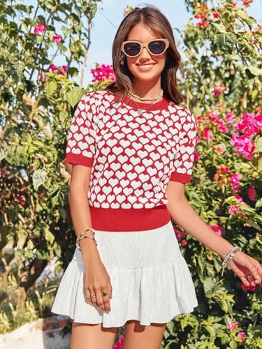 Women Puff Short Sleeve Sweater Casual Cropped Knit Shirts Cute Heart Holidays Graphic Print Pullover Jumper Tops 2025 Red - Thumbnail 5