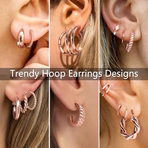 Adoyi Rose Gold Hoop Earrings Set for Women Girls Trendy 14K Plated Gold Hoops Small Chunky Earrings Twisted Huggie Ear rings Pack Lightweight 9 Pairs Jewelry Set for Mother's Day Birthday Gifts - Thumbnail 4