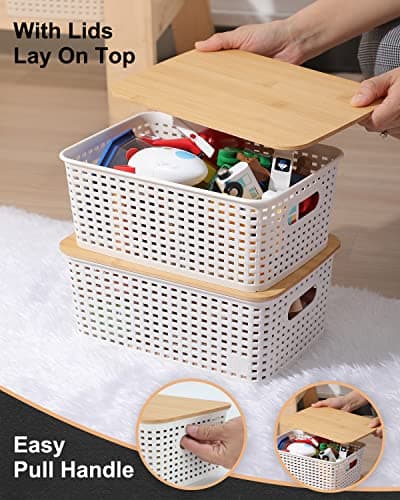 EOENVIVS 6 Pack Storage Bins with Bamboo Lids for Pantry Organization and Storage Containers for Shelves Drawers Desktop Closet Playroom Classroom Office Home,White - Thumbnail 5