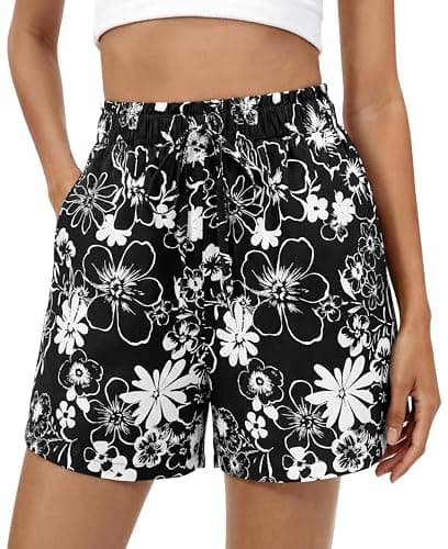 BTFBM Spring Summer Shorts for Women Dressy Casual High Waisted Wide Leg Floral Boho Shorts 2026 Beach Vacation Clothes(Floral Black, Small) - Image 1