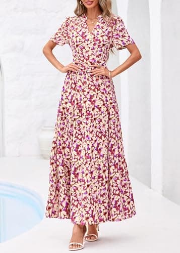 KIRUNDO Womens Summer Floral Maxi Dress Short Sleeve V Neck Boho Long Flowy Casual A Line Dresses 2026 Beach Vacation Outfits(Purple Flower, X-Large) - Thumbnail 6