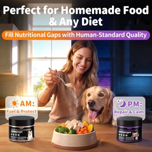 25-in-1 Dog Vitamins and Supplements - Day & Night 2 Pack - Dog Multivitamin Powder with Collagen, Glucosamine, Probiotics - Joint, Gut, Calm, Skin & Immune Support, Chicken Flavor, 150 Scoops - Thumbnail 4