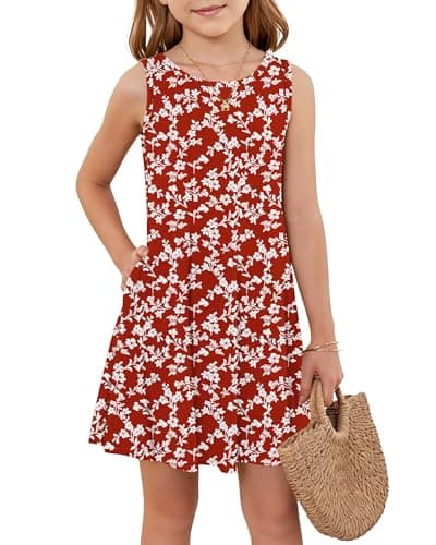 Girls Sleeveless Summer Dress Kids Crewneck Casual Mini Floral A Line Beach Sundresses with Pockets 5-14 Years White Floral Red XL