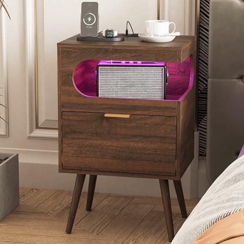 Veegle Nightstand with Charge Station,Modern Bedside Table with Storage Drawer and Open Wood Shelf, Accent Night Stand with Solid Wood Legs for Bedroom and Small Spaces (Walnut Brown) - Image 1
