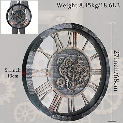 TOPPTIK 27 Inch Moving Gear Wall Clock, Oversized Wall Clocks, Clock Living Room Decor, Solid Wood Frame, Battery Operated, Large Wall Clock with Steampunk Industrial for Fireplace(Gray) - Thumbnail 2