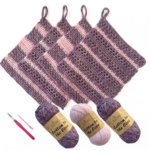 KnitPal Everyday Joy Crochet Kit for Confident Beginners – Make 4 Reusable 7.5 x 7.5 in Dishcloths – with Cotton to The Core Yarn (#3 DK), Hook, Patterns & Video Tutorials (Plum Purple + Blush Pink) - Image 1