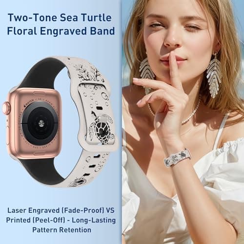 HMFCBFSS Engraved Cute Sea Turtle Band Compatible with Apple Watch Bands for Women Men 38mm 40mm 41mm 42mm, Stylish Two-Tone Floral Soft Silicone Sport Strap Fit iWatch Series 11 10 Se 9 8 7 6 5 4 3 2 1 (Starlight/Black, 38mm/40mm/41mm/(42mm-Series 11 10) - Thumbnail 5