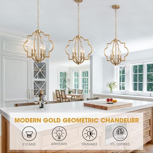 ACANER 4-Light Brushed Gold Chandeliers for Dining Room, 15.6" Farmhouse Geometric Pendant Light Fixture for Entryway Foyer Kitchen Bathroom Over Sink - Thumbnail 2