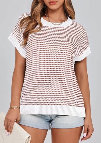 PRETTYGARDEN Womens Short Sleeve Sweater Spring Summer 2026 Round Neck Striped Pullover Cap Sleeve Knit Sweater Vest Tops(Striped White Red,Medium) - Thumbnail 3