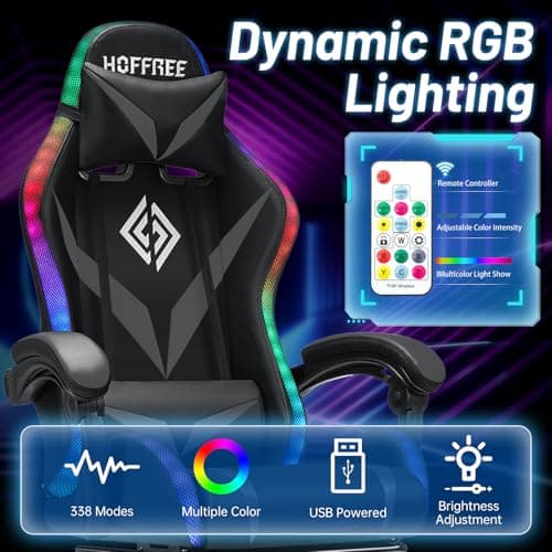 HOFFREE Gaming Chair Massage with Bluetooth Speakers and Led Lights Ergonomic Computer Gaming Chairs with Footrest RGB Video Game Chair with High Back Lumbar Support Grey and Black - Thumbnail 6