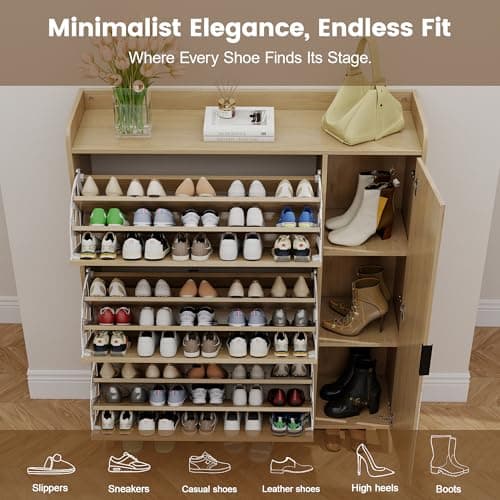 Hadulcet Entryway Shoe Storage Cabinet with 3 Flip Drawers & Mirror, Hidden Shoe Organizer Cabinet with Door & Adjustable Shelves, Freestanding Fluted Arched Panel Design, 9-Tier, Light Wood - Thumbnail 3