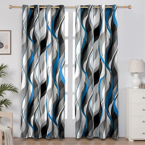 weesire Blue and Grey Curtains Modern Striped Decorative 50% Light Blocking Darkening Grommet Blue Curtain for Living Room Villa, Bedroom Gray and Blue 2 Panels Set, 52x96 Inches - Image 1