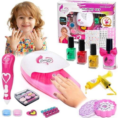 Geek Cheers Kids Nail Polish Set for Girls, All in One Nail Art Kit with Nail Dryer/ Glitter Pen/ Nail Pen/ Eyeshadow - Birthday and Christmas Gifts for Girls Ages 5-12 - Image 1