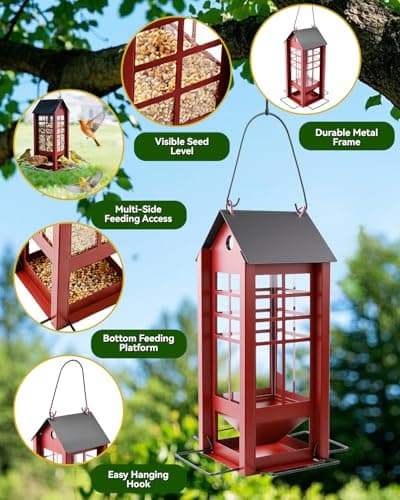 Hanging Bird Feeder for Outdoors, Metal Bird Seed Feeder with Roof, Large Capacity Wild Bird Feeder for Garden Yard Patio, Squirrel Resistant Easy Refill Bird Feeder - Thumbnail 5