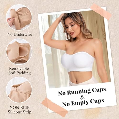 DD DEMOISELLE Summer Bandeau Bras for Women, Wireless Bandeau Bra with Support Plus Size Strapless Bras for Women, 1 Pack, White，XXL - Thumbnail 3