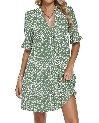 AUSELILY Vacation Dresses for Women V Neck Ruffle Short Sleeve Casual Shift Dress, Olive Green Leaves XL - Thumbnail 4