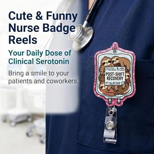 Retractable Badge Reel with Alligator Clip, Heavy Duty, Cute Funny ID Name Tag Holder for Nurses, Doctors, Teachers, and Office (Pink-Sloth Bottle) - Thumbnail 2