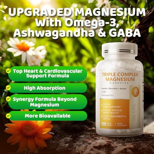 Triple Magnesium Complex - Magnesium Glycinate, Taurate & Malate Supplement with Omega3, Ashwagandha, GABA for Sleep, Brain Heart & Muscle Support - High Absorption and Gentle, Vegan, 120 Capsules - Thumbnail 4