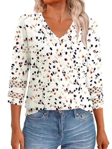 GKBK 3/4 Length Sleeve Womens Tops Dressy Casual Blouses for Women 2026 Trendy Business V Neck Outfits Tshirts T Shirts Summer Fashion Clothes White Apricot Floral XL - Image 1