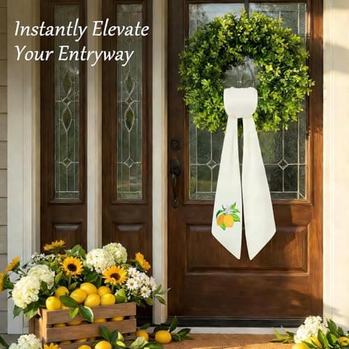 Ezyec Summer Lemon Wreath Sash for Front Door (59" Long) - High-Density White Satin Ribbon with Embroidered Citrus Design - Vibrant Yellow Decor for Boxwood Wreaths, Weather-Resistant & Washable - Thumbnail 2